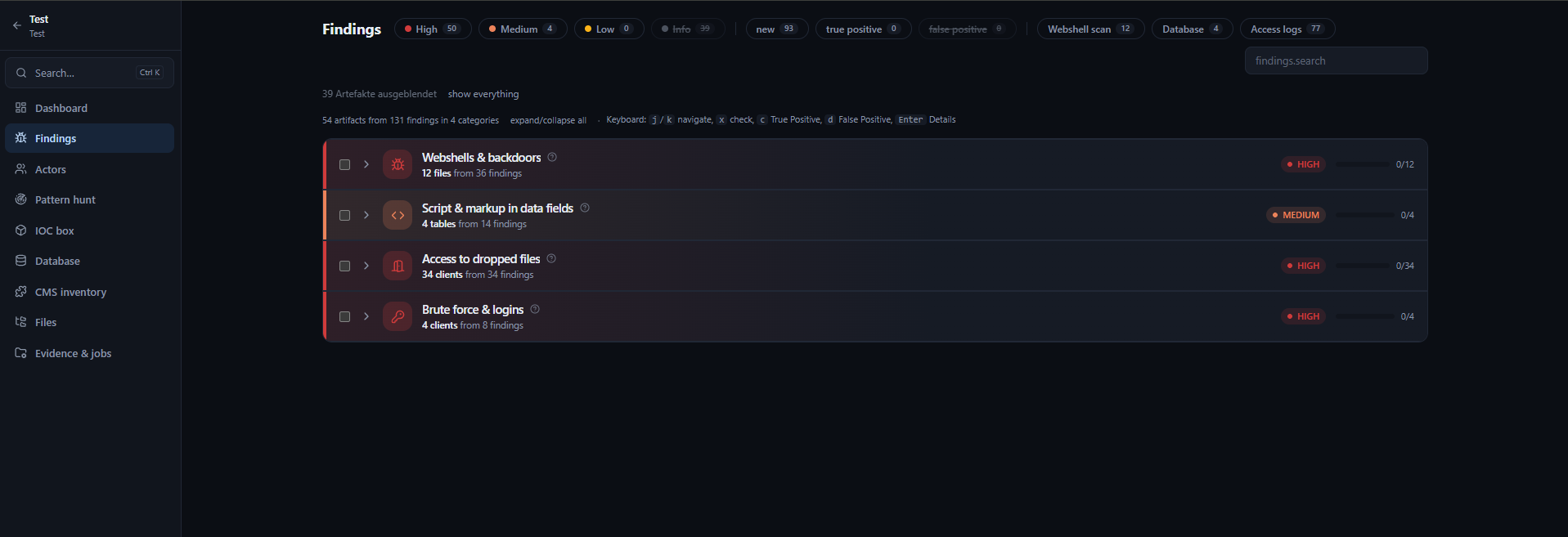 Shellhound Findings view grouping webshell, database, access and login findings